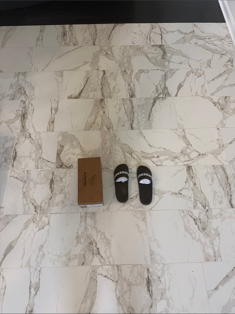 Burberry Black Logo Slide Sandals with White Lettering